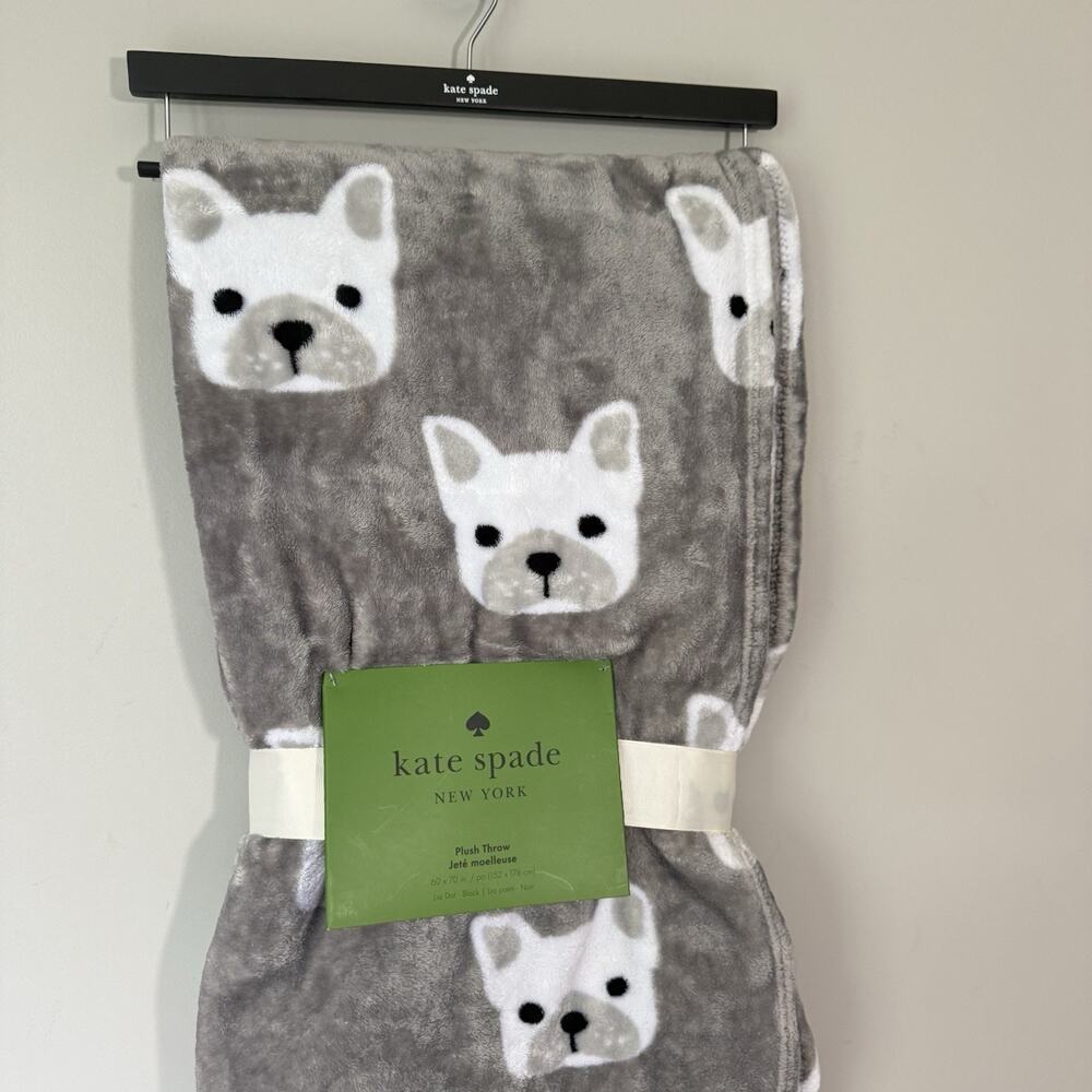 Kate Spade Plush Fleece Throw Blanket Gray French Bulldog Prints 60” X 70” New - Picture 3 of 6